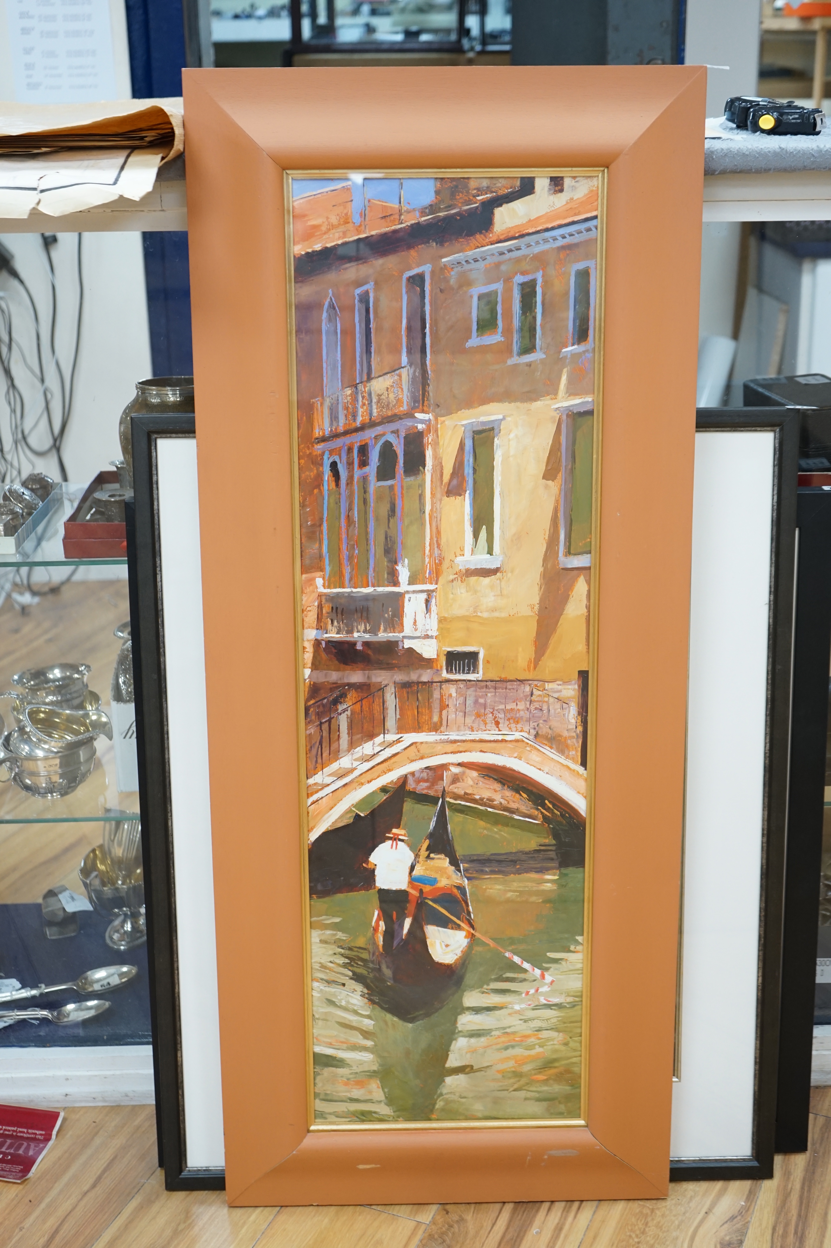 Jeremy Sanders (b. 1969), oil on board, 'Under the Bridge, Venice', initialled, 98 x 28cm